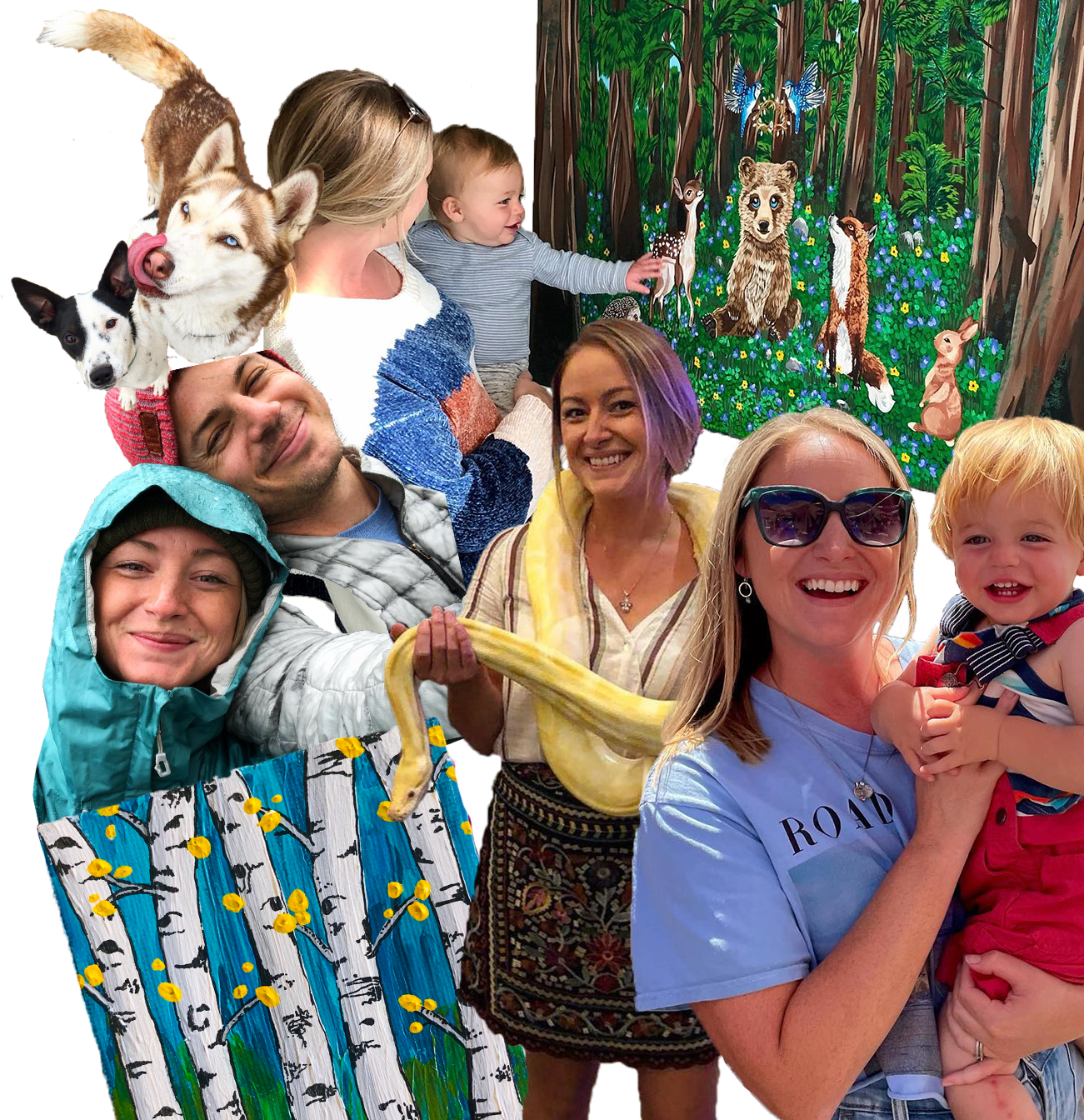 UX chief, Kate, in a family collage with animals