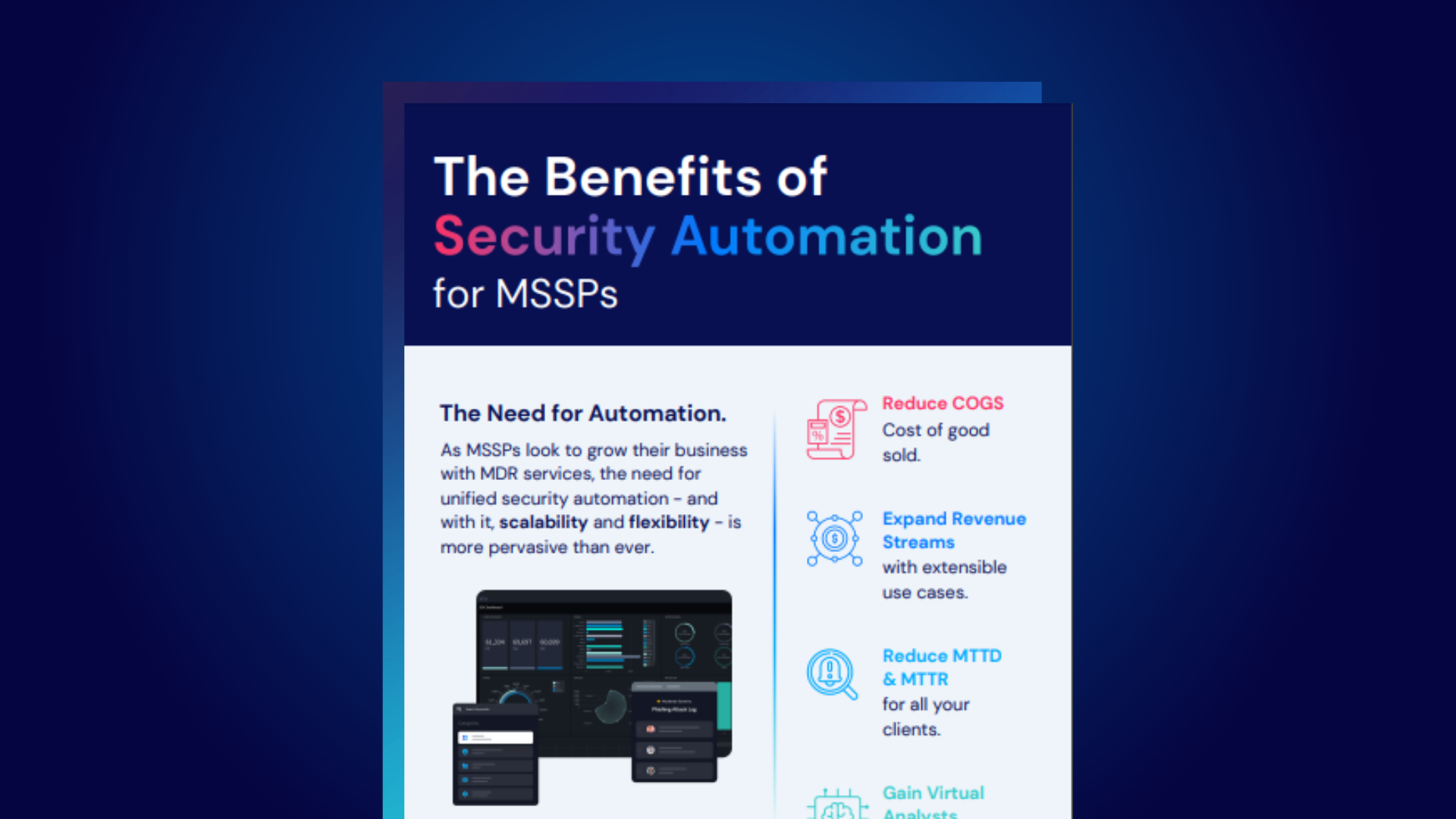 Ausschnitt aus einer Infografik mit dem Titel „Die Vorteile der Sicherheitsautomatisierung für MSSPs“, in dem die Notwendigkeit einer einheitlichen Automatisierung erläutert wird.