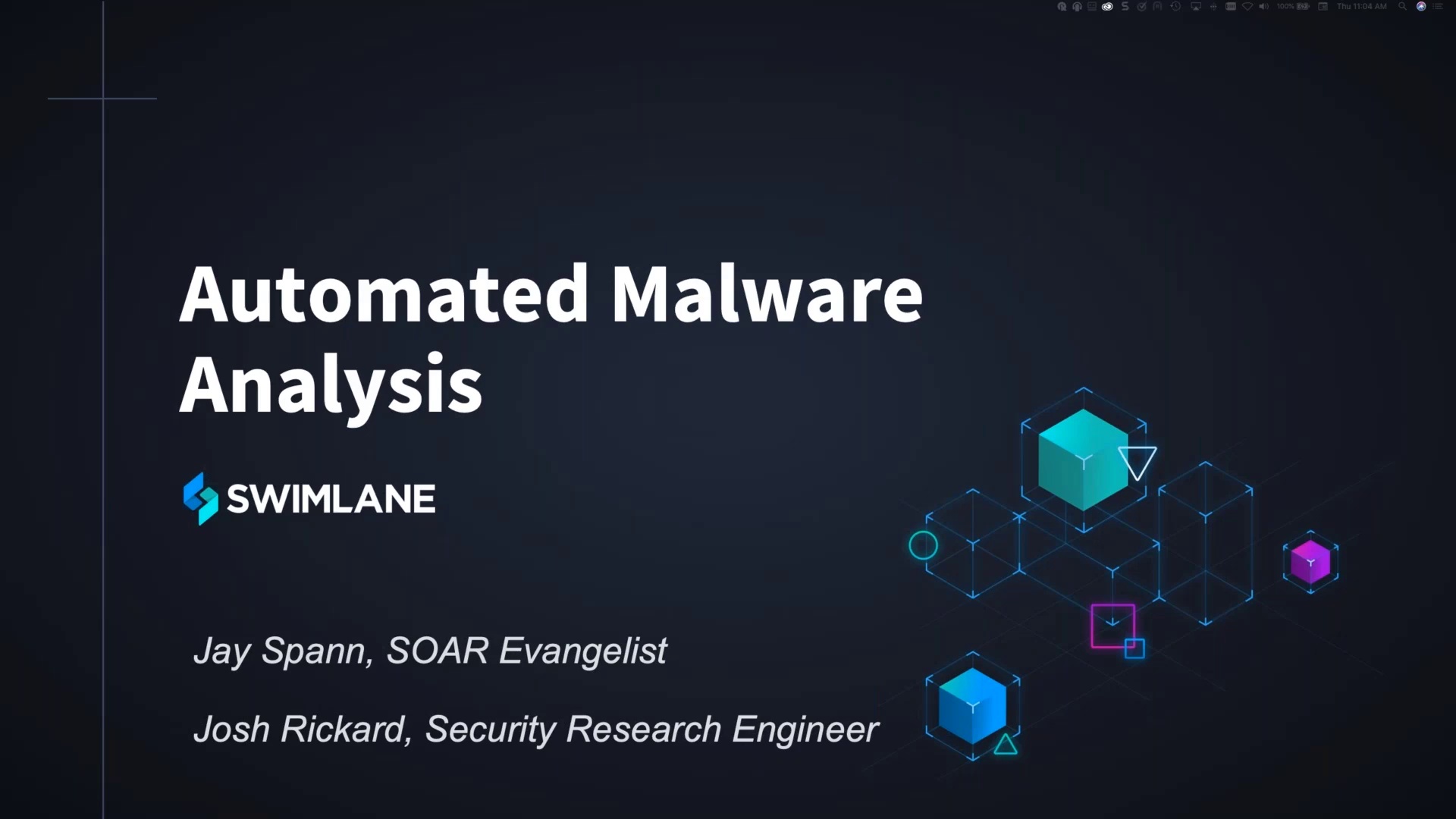 Jay Spann と Josh Rickard が発表した「自動マルウェア分析」と題された濃い青色の情報スライド。.